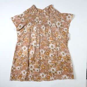 Moodie Floral Smocked High Neck Blouse Womens‎ Medium Pink Tan Metallic NWOT